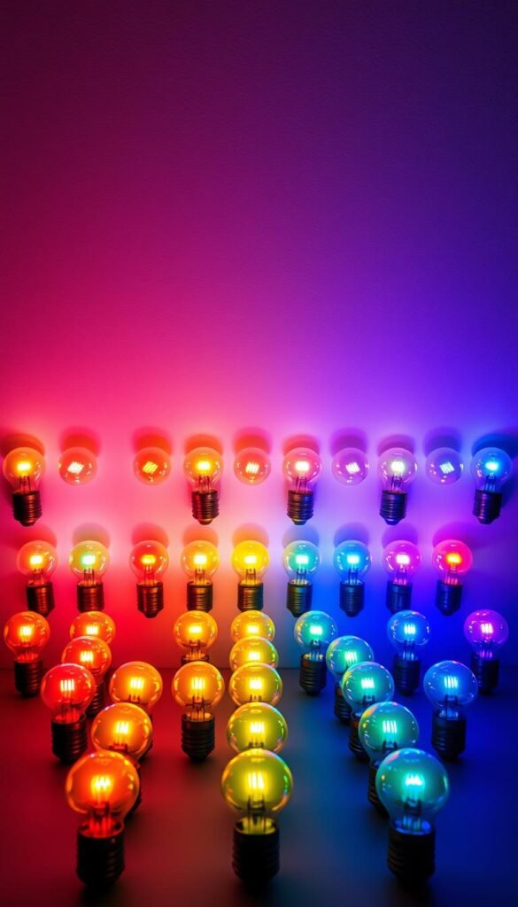A vibrant spectrum of LED color temperatures, ranging from warm amber to cool blue, elegantly displayed against a soft, diffuse background. The lights are arranged in a clean, organized grid, each bulb emitting a distinct hue that blends seamlessly with its neighbors. The lighting is precisely controlled, creating a mesmerizing gradient that showcases the full spectrum of color temperatures. The overall scene exudes a sense of balance, sophistication, and a deep understanding of the atmospheric potential of LED lighting in an intimate setting.