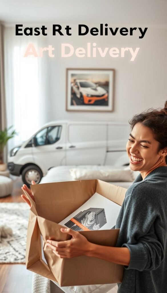 A vibrant, well-lit scene showcasing the quick art delivery process. In the foreground, a person joyfully unpacking a carefully packaged art print, their expression radiating excitement. In the middle ground, a sleek, modern-looking delivery van prominently displayed, symbolizing the efficient transportation. In the background, a cozy, aesthetically pleasing bedroom setting, with minimalist decor and soft lighting, complementing the art print and setting the perfect mood. The overall composition conveys a sense of seamless, hassle-free art acquisition, perfectly aligning with the "Easy Ordering and Delivery Process" section.
