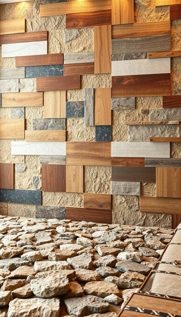 A visually captivating, multi-textured wall design featuring a harmonious blend of natural and industrial elements. In the foreground, a mosaic of rough stone, polished marble, and weathered wood panels create a tactile, sensory experience. The middle ground showcases a stunning array of metallic accents, including copper, brass, and steel, adding depth and visual interest. In the background, a soft, ambient lighting scheme casts a warm, cozy glow, highlighting the intricate textures and creating an inviting, serene atmosphere. The overall composition evokes a sense of modern sophistication and a connection to the natural world, perfectly complementing the bedroom setting.