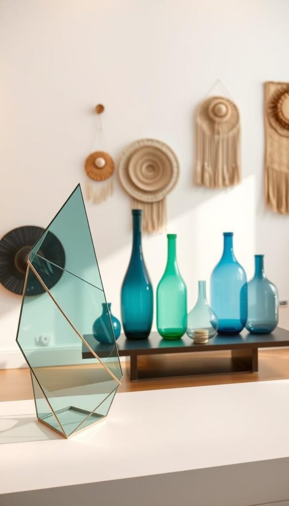 A visually striking functional art display set against a minimalist white wall backdrop. In the foreground, an elegant geometric sculpture crafted from sleek metal and glass, casting mesmerizing patterns of light and shadow. The middle ground features a series of hand-blown glass vases in a gradient of blues and greens, artfully arranged to create a sense of visual harmony. The background is adorned with a collection of finely textured, abstract wall hangings, their organic forms and earthy hues complementing the overall contemporary aesthetic. Soft, warm lighting from hidden sources bathes the scene, imbuing it with a tranquil, gallery-like ambiance.