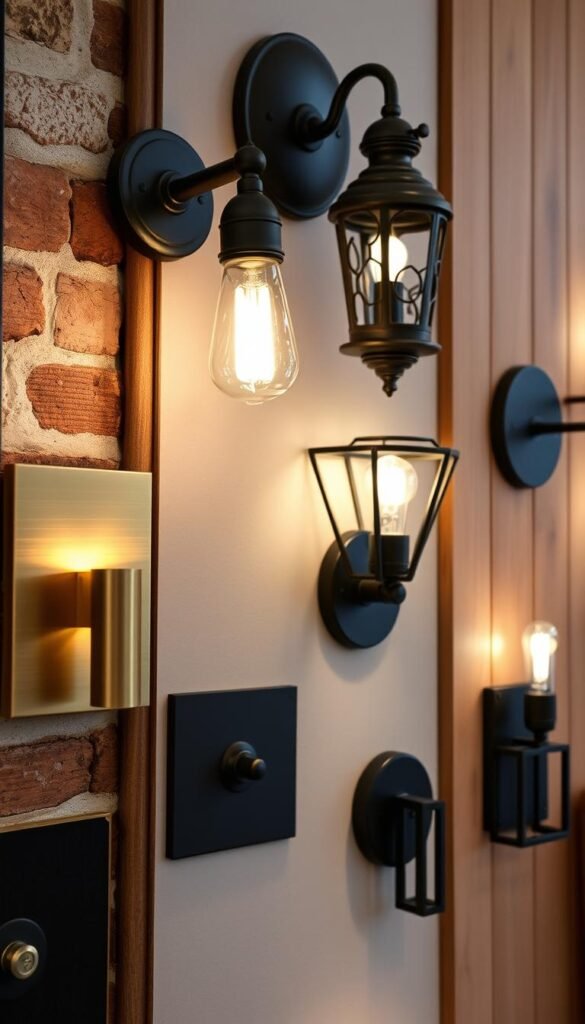 A visually striking wall sconce display, featuring a harmonious blend of modern and vintage styles. In the foreground, a sleek, minimalist sconce in brushed brass casts a warm, ambient glow. Beside it, a ornate, Victorian-inspired sconce in antique bronze commands attention, its intricate detailing creating captivating shadows. In the middle ground, a pair of industrial-chic sconces in matte black provide contrast, their angular forms and exposed bulbs evoking a sense of urban sophistication. The background is filled with a mix of natural textures, such as exposed brick and wood paneling, creating a cozy, inviting atmosphere. The lighting is carefully balanced, with each sconce casting a soft, flattering illumination that enhances the overall aesthetic.