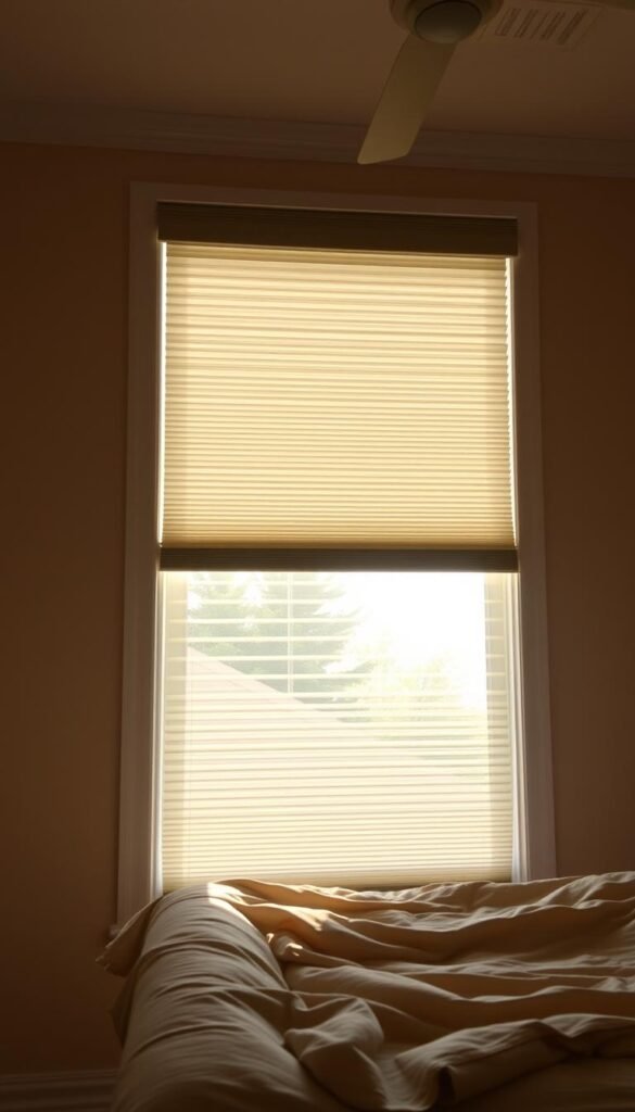 A warm, cozy bedroom with a large window, showcasing energy-efficient cellular shades. The shades feature a honeycomb-like structure that traps air between its layers, providing superior insulation. Sunlight filters through the shades, casting a soft, diffused glow across the room. The shades are in a neutral color palette, seamlessly blending with the room's decor. A slight breeze ruffles the shades, hinting at their flexibility and functionality. The room is bathed in a serene, inviting atmosphere, highlighting the shades' ability to balance light, temperature, and privacy for maximum energy efficiency.