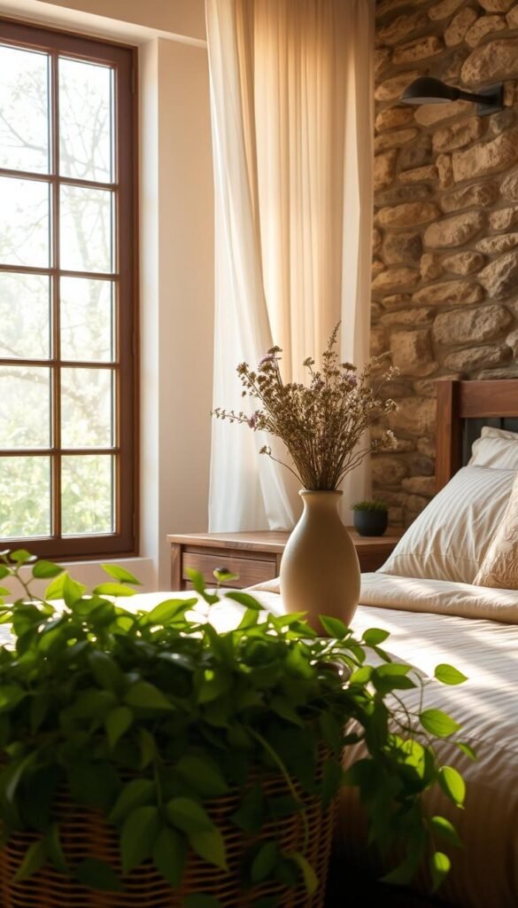 A warm, cozy bedroom with natural elements artfully incorporated into the design. A large window floods the space with soft, diffused natural light, casting a golden glow. In the foreground, a woven basket overflows with lush, verdant plants, their leaves cascading gracefully. Midground features a rustic wooden nightstand topped with a handcrafted ceramic vase filled with freshly cut wildflowers. Backdrop showcases a textured stone wall, adding earthy, organic texture. Permeating the scene, a sense of balance and harmony between the indoors and outdoors, creating a serene, rejuvenating atmosphere.