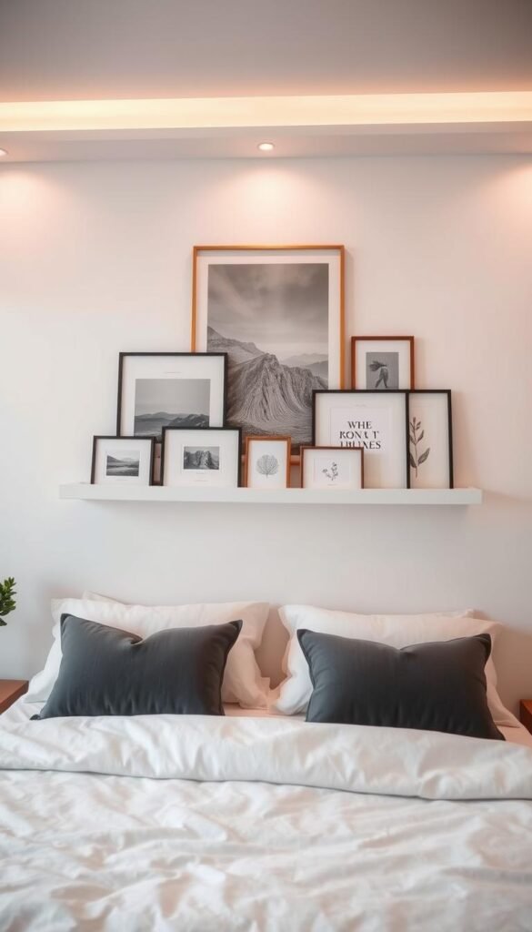 A well-curated bedroom art collection tastefully displayed on a pristine white wall, illuminated by warm, soft lighting. An elegant floating shelf showcases an assortment of framed prints in varying sizes and styles - abstract landscapes, bold typographic designs, and delicate botanical illustrations. The arrangement is meticulously balanced, with each piece complementing the others to create a harmonious, visually striking display. The overall mood is one of refined sophistication, inviting the viewer to imagine how this serene, artful space would elevate the ambiance of a cozy bedroom.