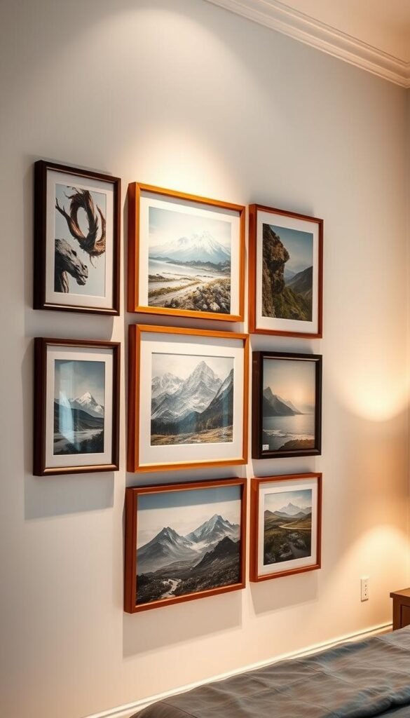 A well-curated collection of high-quality art prints hangs elegantly on a pristine gallery wall. The frames, made of refined wood, cast a warm glow under the soft, directional lighting. The prints themselves showcase a diverse range of styles, from abstract expressionism to photorealistic landscapes, each one a masterful work of art. The overall composition exudes a sense of refined sophistication, inviting the viewer to pause and appreciate the craftsmanship and artistic vision on display. The scene conveys the ideal balance of aesthetic appeal and careful consideration of visual harmony, exemplifying the essence of quality bedroom decor. A well-curated collection of high-quality art prints hangs elegantly on a pristine gallery wall. The frames, made of refined wood, cast a warm glow under the soft, directional lighting. The prints themselves showcase a diverse range of styles, from abstract expressionism to photorealistic landscapes, each one a masterful work of art. The overall composition exudes a sense of refined sophistication, inviting the viewer to pause and appreciate the craftsmanship and artistic vision on display. The scene conveys the ideal balance of aesthetic appeal and careful consideration of visual harmony, exemplifying the essence of quality bedroom decor.