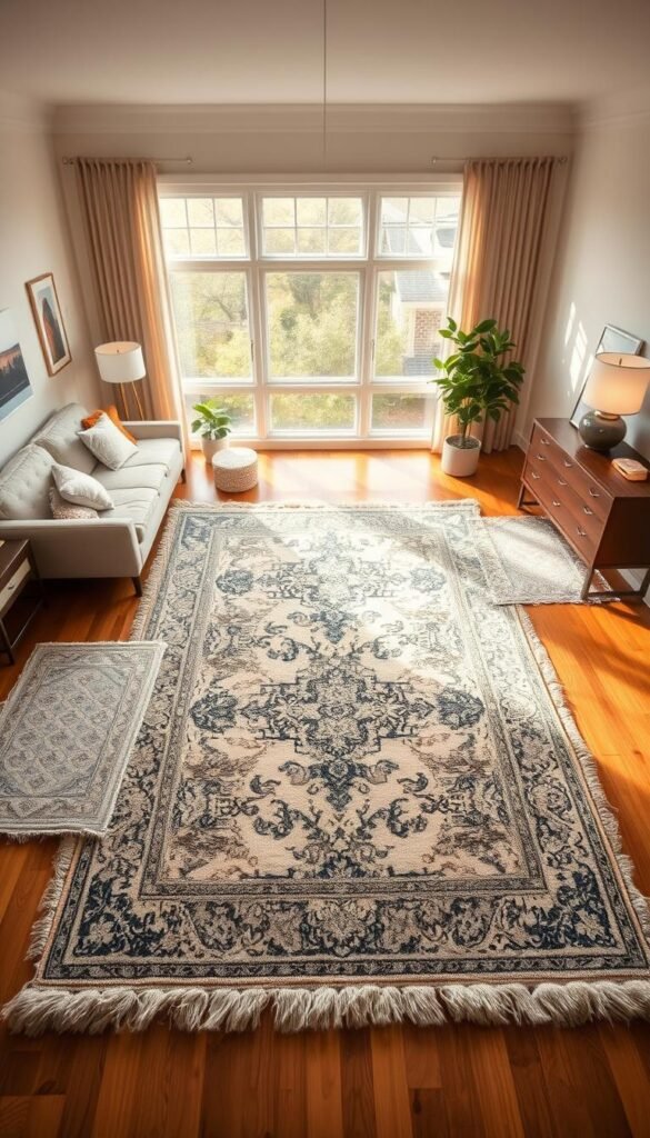 A well-defined bedroom space with strategic rug placement, showcasing distinct zones for different functions. A plush, luxurious rug in the center of the room, complemented by smaller accent rugs delineating cozy seating and reading areas. Warm, natural lighting filters through large windows, casting a soft glow on the hardwood floors. The rug's intricate patterns and neutral tones harmonize with the room's modern, minimalist decor, creating a cohesive and visually striking design. The placement of the rugs subtly guides the eye, establishing a sense of flow and purpose within the bedroom's layout. A well-defined bedroom space with strategic rug placement, showcasing distinct zones for different functions. A plush, luxurious rug in the center of the room, complemented by smaller accent rugs delineating cozy seating and reading areas. Warm, natural lighting filters through large windows, casting a soft glow on the hardwood floors. The rug's intricate patterns and neutral tones harmonize with the room's modern, minimalist decor, creating a cohesive and visually striking design. The placement of the rugs subtly guides the eye, establishing a sense of flow and purpose within the bedroom's layout.