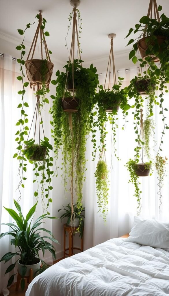 A well-lit, airy bedroom with a captivating vertical display of lush, cascading indoor plants. Trailing vines and leafy greenery spill from macrame and wooden plant hangers suspended from the ceiling, creating a serene, nature-inspired ambiance. Soft, natural lighting filters through sheer curtains, accentuating the vibrant foliage. The plants appear to float effortlessly, bringing a sense of calm and freshness to the space. A mix of trailing and upright plant varieties, such as pothos, philodendrons, and various ferns, creates visual depth and texture. The overall composition evokes a harmonious, biophilic atmosphere, ideal for a relaxing, restorative bedroom environment.
