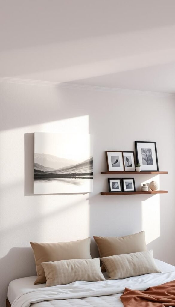 A well-lit, airy bedroom with a focus on the wall above the bed. In the foreground, a tastefully curated arrangement of wall decor, including a large canvas artwork, a trio of framed prints, and a set of shelves displaying decorative objects. The middle ground features a neutral-toned, textured wall, with subtle shadows and highlights that accentuate the depth and dimension of the space. The background includes a partially visible window, allowing natural light to flood the room and create a warm, inviting atmosphere. The overall composition emphasizes the importance of scale, balance, and thoughtful placement when selecting wall decor to complement the bedroom's design. A well-lit, airy bedroom with a focus on the wall above the bed. In the foreground, a tastefully curated arrangement of wall decor, including a large canvas artwork, a trio of framed prints, and a set of shelves displaying decorative objects. The middle ground features a neutral-toned, textured wall, with subtle shadows and highlights that accentuate the depth and dimension of the space. The background includes a partially visible window, allowing natural light to flood the room and create a warm, inviting atmosphere. The overall composition emphasizes the importance of scale, balance, and thoughtful placement when selecting wall decor to complement the bedroom's design.