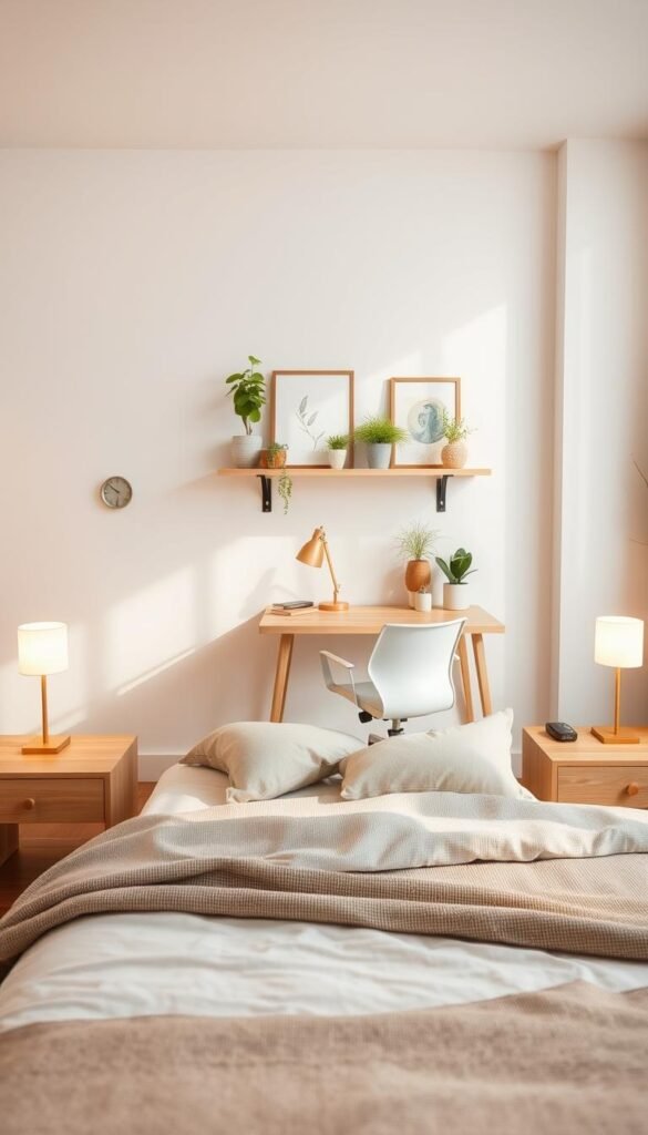 A well-lit, airy bedroom with cozy, functional furniture. In the foreground, a plush, neutral-toned bed with neatly arranged pillows and a soft, woven blanket. A pair of sleek, wooden nightstands flank the bed, each with a modern table lamp emitting a warm, ambient glow. In the middle ground, a minimalist, L-shaped desk in a light wood finish, paired with a comfortable, adjustable office chair. On the wall behind the desk, a floating shelf displays potted plants and framed artwork, creating a harmonious, nature-inspired atmosphere. The overall scene conveys a balanced, inviting aesthetic that seamlessly blends form and function. A well-lit, airy bedroom with cozy, functional furniture. In the foreground, a plush, neutral-toned bed with neatly arranged pillows and a soft, woven blanket. A pair of sleek, wooden nightstands flank the bed, each with a modern table lamp emitting a warm, ambient glow. In the middle ground, a minimalist, L-shaped desk in a light wood finish, paired with a comfortable, adjustable office chair. On the wall behind the desk, a floating shelf displays potted plants and framed artwork, creating a harmonious, nature-inspired atmosphere. The overall scene conveys a balanced, inviting aesthetic that seamlessly blends form and function.