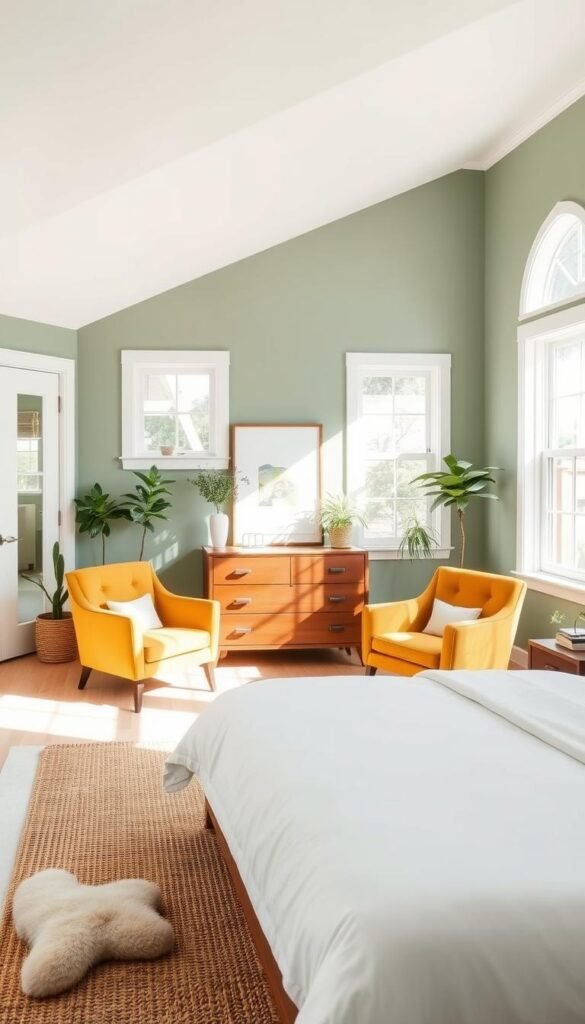 A well-lit, airy bedroom with sage green walls and pristine white bedding. In the foreground, a sleek, mid-century modern dresser in warm walnut wood tones complements the green hues. Flanking the dresser, a pair of plush, tufted armchairs in a complementary mustard yellow fabric create a cozy conversation area. Natural light streams in through large windows, casting a soft, ambient glow throughout the space. A woven area rug in earthy tones anchors the scene, while subtle textural accents like a sheepskin throw and potted plants add depth and visual interest. The overall atmosphere is one of relaxed sophistication, perfectly suited for a calm, serene bedroom retreat.