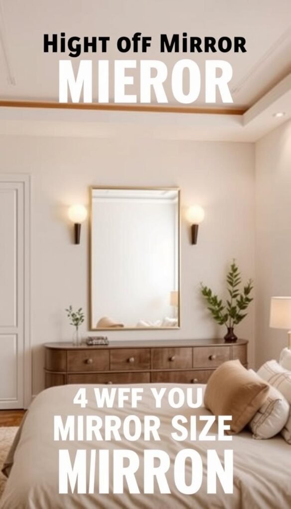 A well-lit and spacious bedroom with a neutral color palette, featuring a wall-mounted mirror of the proper size to complement the decor. The mirror should be proportional to the wall space, neither too small nor overpowering. Subtle lighting, such as sconces or recessed lighting, illuminates the mirror, creating a warm and inviting ambiance. The mirror's frame should be simple and understated, allowing the reflection to be the focal point. The overall scene should convey a sense of balance, harmony, and attention to detail, inspiring the viewer to consider the right mirror size for their own bedroom space.
