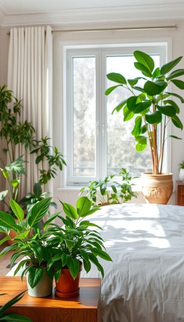 A well-lit bedroom interior, with a variety of lush, thriving houseplants strategically placed throughout the space. In the foreground, a collection of potted plants sits on a wooden nightstand, their verdant foliage adding pops of vibrant green. In the middle ground, a large, leafy plant stands tall in a decorative ceramic planter, casting soft shadows on the pristine white bedsheets. The background features a large window, allowing natural light to flood the room and create a serene, calming atmosphere. The overall scene conveys a sense of tranquility and harmony, perfectly capturing the essence of "Choosing the Right Plants for Your Sleeping Space".