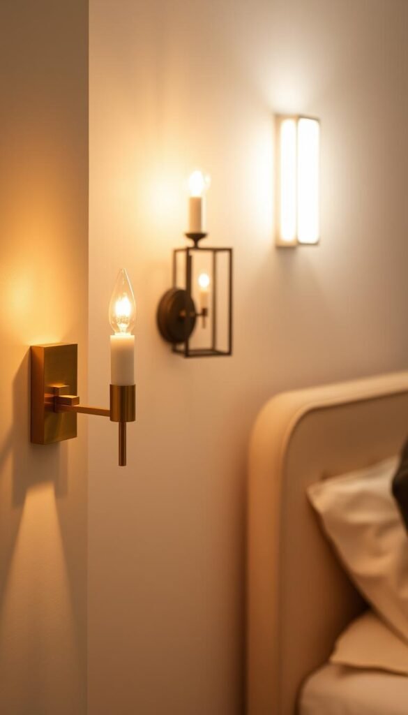 A well-lit bedroom showcasing an array of exquisite wall sconce types. In the foreground, a modern brass sconce with a sleek, geometric design casts a warm, ambient glow. In the middle ground, a classic candle-style wall sconce with a wrought-iron frame and a flickering flame adds a touch of rustic elegance. Further back, a minimalist LED wall light with a slim, angular profile illuminates the space with a soft, diffused light. The overall atmosphere is one of refined sophistication and cozy, inviting ambiance, perfectly complementing the serene and inviting bedroom setting.