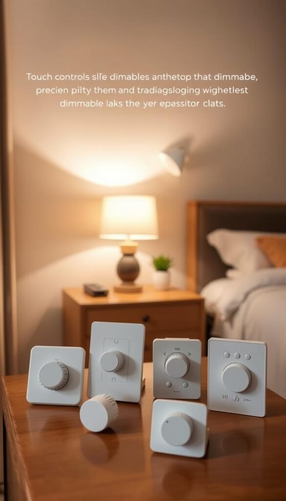 A well-lit bedroom with a collection of dimmable lighting controls on a wooden nightstand. In the foreground, various types of dimmers - rotary, slider, and touch-sensitive - are showcased, allowing precise control over the room's ambiance. In the middle ground, a table lamp and a wall sconce with adjustable brightness sit atop the nightstand, casting a warm, cozy glow. The background features a tranquil, minimalist bedroom setting, with soft, neutral-toned walls and clean-lined furniture, emphasizing the importance of customizable lighting for creating a relaxing, intimate atmosphere.