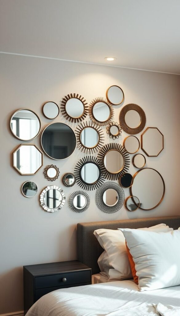A well-lit bedroom with a collection of mirror shapes arranged on a wall, showcasing a range of styles and designs. The mirrors are positioned to create a visually striking and aesthetically pleasing display, with a variety of shapes and sizes, such as round, rectangular, and hexagonal. The lighting is soft and warm, creating a cozy and inviting atmosphere. The mirrors are mounted on a neutral-colored wall, allowing them to be the focal point of the scene. The overall composition is balanced and harmonious, capturing the essence of "Mirrors in Bedroom Aesthetic Inspiration" and the "Shape Selection for Your Desired Effect" section.