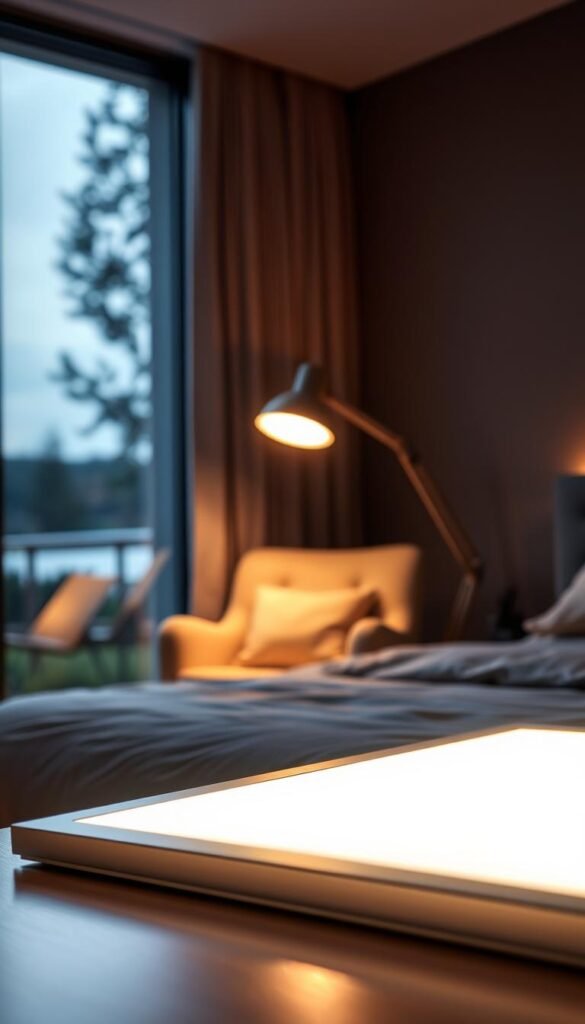 A well-lit bedroom with a cozy, energy-efficient ambiance. In the foreground, a sleek LED light panel casts a warm, diffused glow, its low-profile design seamlessly integrated into the minimalist decor. In the middle ground, a stylish floor lamp with an adjustable arm illuminates a plush reading chair, creating a inviting nook. The background features a large window overlooking a serene outdoor scene, with natural light filtering in and complementing the artificial lighting. The overall scene conveys a sense of tranquility, efficiency, and environmental consciousness.