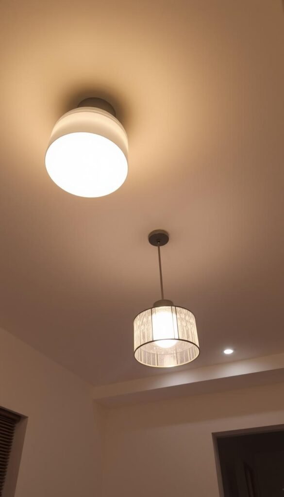 A well-lit bedroom with a variety of ceiling light installation options. In the foreground, a modern flush-mount light fixture with a sleek, minimalist design casts a warm, ambient glow. In the middle ground, a stylish pendant light hangs from the ceiling, its glass or metal shade adding a touch of elegance. In the background, recessed lighting is installed, providing a soft, uniform illumination that enhances the cozy atmosphere. The lighting setup is complemented by light-colored walls, creating a inviting and relaxing ambiance ideal for a bedroom sanctuary.
