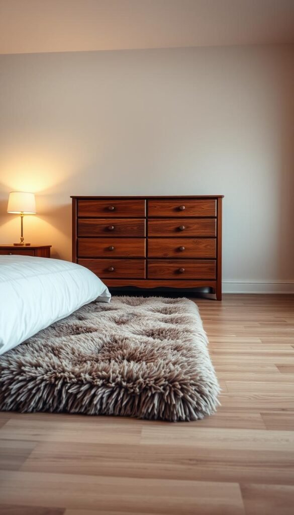 A well-lit bedroom with a wooden dresser placed atop a plush, high-quality rug. The rug, in a complementary color palette, gracefully extends beyond the dresser's edges, creating a visually harmonious and intentional arrangement. Soft, warm lighting casts a cozy glow, accentuating the textures and tones of the furniture and flooring. The composition showcases a beautifully coordinated, intimate space that draws the eye to the dresser as the focal point.