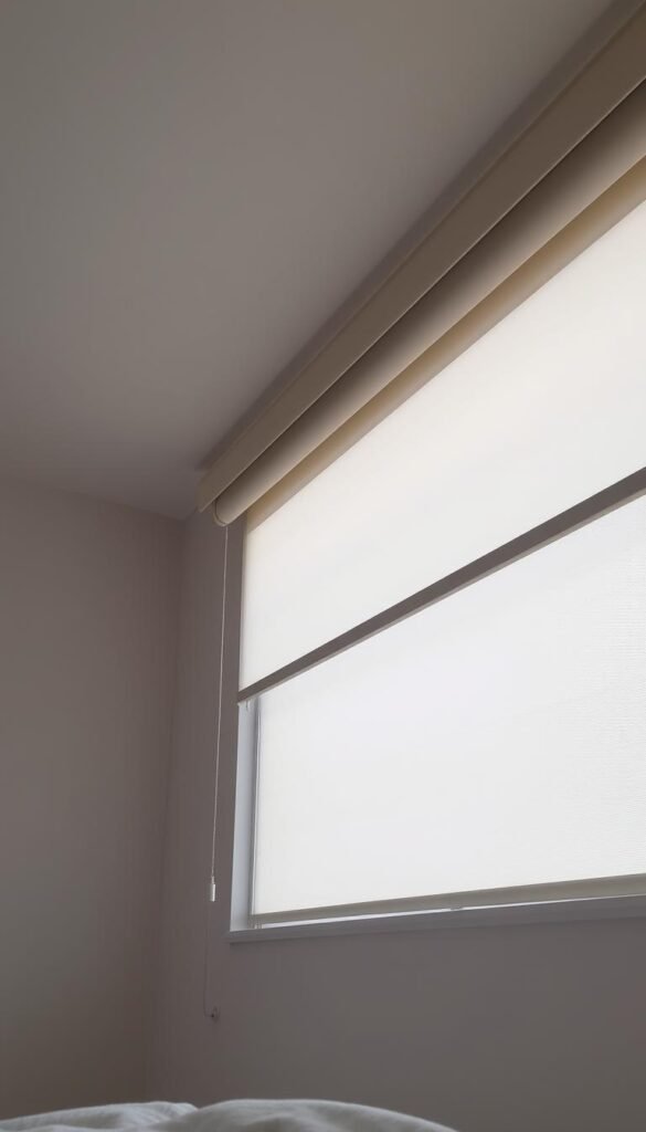 A well-lit bedroom with roller shades mounted on the window frame, their translucent fabric gently filtering the natural daylight. The shades are in a neutral, muted color that complements the room's soft, serene ambiance. The angle showcases the smooth mechanism and clean lines of the roller shade system, highlighting its functionality and aesthetic appeal. The lighting is soft and diffused, creating a calming, relaxing atmosphere ideal for a restful night's sleep.