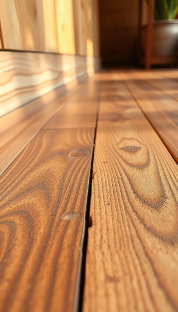 A well-lit, high-resolution close-up of cork bamboo flooring boards in a natural, warm-toned setting. The boards have a distinctive grain pattern, with a rich, earthy color palette of browns, tans, and golden hues. The surface texture is smooth yet subtly tactile, conveying a sense of quality and durability. Soft, diffused lighting from the side casts gentle shadows, highlighting the dimensional aspects of the material. The composition focuses on the intricate details of the flooring, capturing its inherent beauty and eco-friendly qualities. The overall atmosphere is one of relaxation, comfort, and a connection to nature.