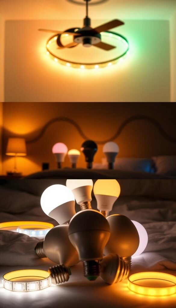 A well-lit, high-resolution comparison of LED strip lights and smart light bulbs, showcasing their distinctive features and applications. The foreground displays the strip lights in various colors and lighting patterns, illuminating a minimalist interior. The middle ground features several smart bulbs in different shapes and finishes, demonstrating their versatility. The background captures the ambient mood, with warm and cool tones complementing the lighting effects. The overall scene conveys the aesthetic potential of these modern lighting solutions for a cozy, customizable bedroom environment.