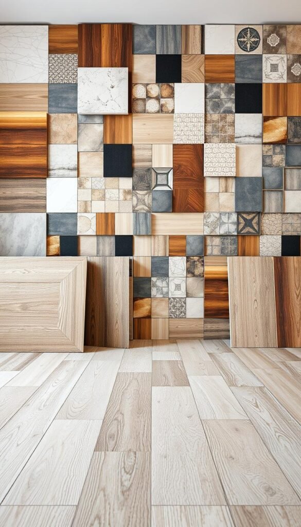 A well-lit, high-resolution studio photograph showcasing a wide range of contemporary laminate, tile, and linoleum flooring options. The foreground features a selection of laminate planks in various wood grain textures and colors, with close-up details highlighting the realistic surface patterns and locking mechanisms. In the middle ground, arrange a diverse display of ceramic and porcelain tile samples in a variety of shapes, sizes, and finishes, including matte, glossy, and textured tiles. In the background, arrange a collection of linoleum squares in solid colors and abstract patterns, creating a visually harmonious and cohesive composition that captures the breadth of modern flooring materials suitable for a stylish bedroom.
