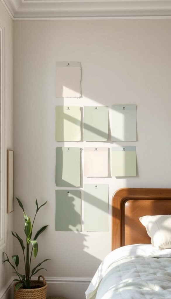 A well-lit interior wall, with various samples of sage green paint arranged in an aesthetically pleasing display. The paint chips are of different shades, ranging from soft, muted tones to deeper, richer hues, showcasing the versatility of the sage green color palette. The wall is illuminated by natural light, casting gentle shadows and highlighting the subtle variations in the paint colors. The overall atmosphere is calming, inviting, and promotes a sense of serenity, aligning with the theme of a relaxing sage green bedroom.