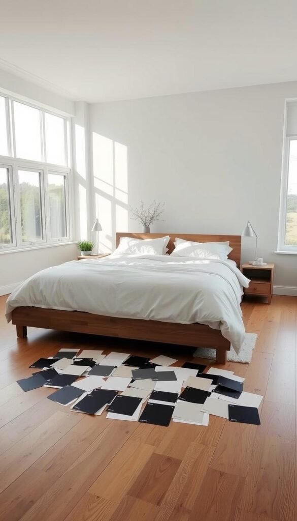 A well-lit, minimalist bedroom setting featuring an array of neutral and black paint shades for selection. On a wooden floor, a large bed with crisp white linens takes center stage, surrounded by a variety of paint sample cards in shades of beige, gray, and black, artfully arranged for comparison. The room is bathed in natural light, with large windows allowing the outside scenery to be visible in the background. A sense of calm and serenity pervades the scene, inviting the viewer to envision the perfect palette for their cozy, neutral-toned bedroom retreat.