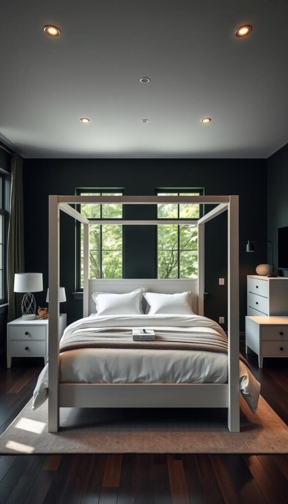 A well-lit, modern bedroom with dark green walls and lush greenery visible through the windows. In the center, a minimalist four-poster bed frame and matching nightstands in crisp white wood. Plush white bedding, pillows, and a cozy throw blanket create a serene, inviting atmosphere. A tall, white dresser stands against the far wall, its clean lines and neutral tones complementing the room's color palette. Soft, indirect lighting from recessed fixtures and a floor lamp casts a warm, natural glow, highlighting the textures and shadows. The overall scene evokes a sense of tranquility and elegant contrast within a moody, atmospheric space.