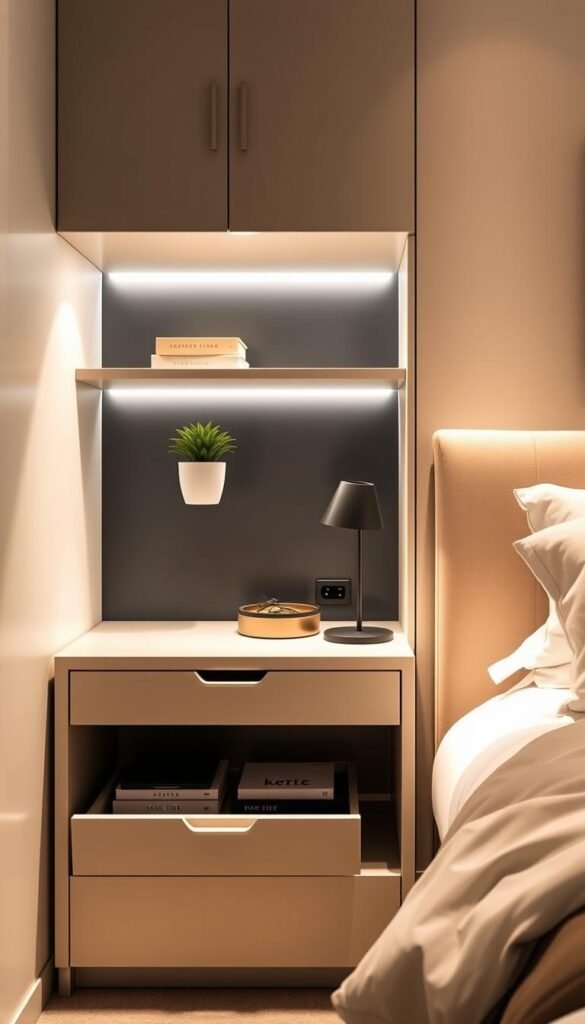 A well-lit, modern bedside storage solution showcasing a minimalist nightstand with a combination of open shelves, hidden drawers, and sleek integrated lighting. The scene is set in a cozy, stylish bedroom with warm, neutral tones and soft, diffused lighting. The nightstand features clean lines, a natural wood or matte finish, and thoughtfully curated decor elements like a small potted plant, a sleek lamp, and perhaps a decorative tray or trinket box. The overall atmosphere is one of elegant simplicity, functionality, and an emphasis on maximizing storage and surface space in a compact, visually appealing way.