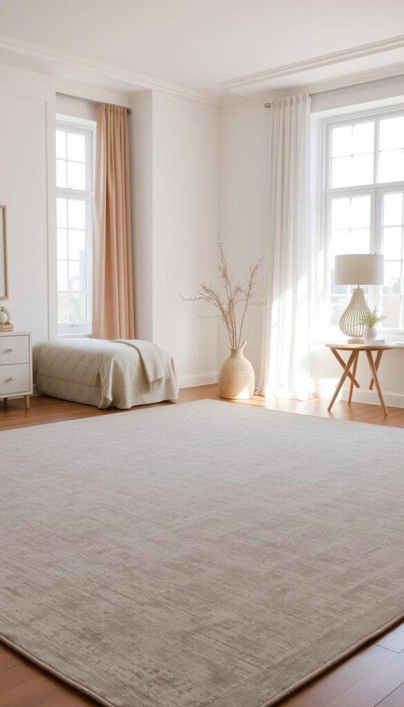A well-lit room with a spacious, neutral-toned area rug occupying the center of the frame. The rug features a subtle, understated pattern that adds visual interest without overpowering the space. Soft, diffused lighting from windows illuminates the room, casting gentle shadows and creating a calming, serene atmosphere. The rug's neutral palette of grays, beiges, and creams seamlessly integrates with the surrounding decor, grounding the space and providing a solid foundation for the bedroom's design. The camera angle is slightly elevated, capturing the rug's full expanse and showcasing its ability to anchor the room's overall aesthetic.