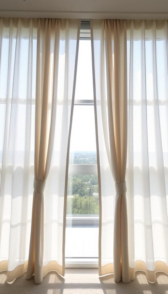 A well-lit room with an expansive view, soft natural light filtering through large, elegant curtain panels that gracefully frame the windows. The curtains feature a delicate sheer overlay, allowing for adjustable light control and a warm, inviting ambiance. The curtain hardware is minimalist and modern, seamlessly integrated with the window frame. Subtle patterns or textures on the fabric add visual interest, while the overall design creates a harmonious, calming atmosphere perfect for a relaxing bedroom retreat.