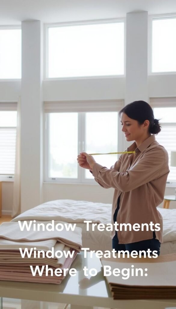 A well-lit room with large, rectangular windows. In the foreground, a person holding a tape measure, carefully measuring the window frame. They are wearing a neutral-colored shirt and focused expression. The middle ground shows various window treatment samples, including curtains, blinds, and shades, neatly arranged on a table. The background depicts a serene, relaxing bedroom setting, with soft, diffused lighting and minimal decor, emphasizing the importance of the window measurements. The overall atmosphere is one of careful consideration and attention to detail, reflecting the subject of "Understanding Bedroom Window Treatments: Where to Begin".