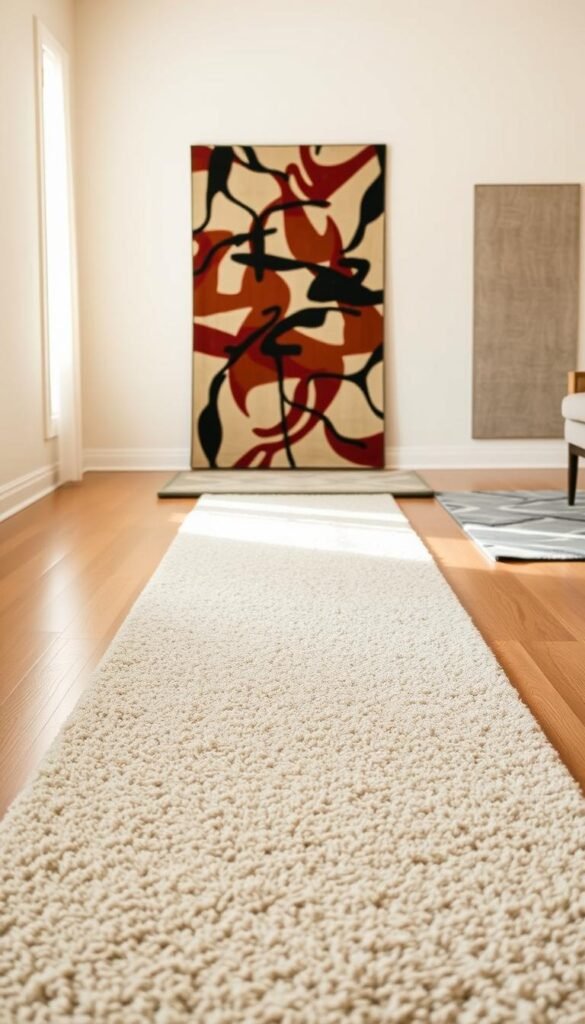 A well-lit room with warm, natural lighting illuminating a strategically placed path of plush, textured area rugs. The rugs form a distinct walkway, guiding the eye through the space. In the foreground, the runner rug has a subtle, geometric pattern that adds visual interest. The middle ground features a larger, statement-making rug with a bold, abstract design. In the background, a third rug with a muted, organic pattern blends seamlessly with the room's decor. The arrangement creates a harmonious, inviting flow, highlighting the "Strategic Pathway Runners for Traffic Areas" concept.