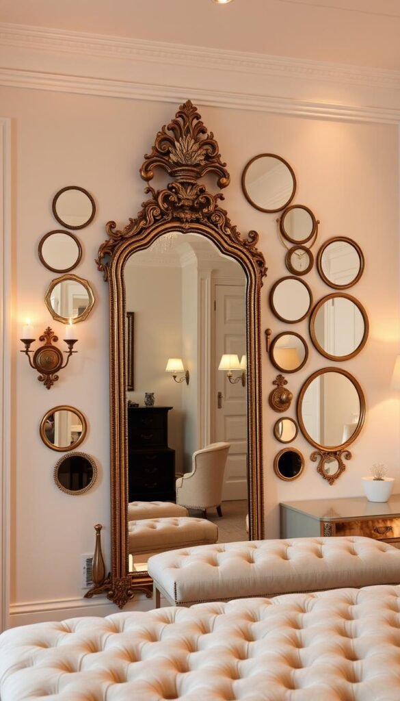 A well-lit, spacious bedroom with an elegant vanity mirror arrangement. In the foreground, a large, ornate mirror with intricate gold or silver detailing. Surrounding the mirror, an array of smaller vanity mirrors in various shapes and sizes, such as round, oval, and rectangular. The mirrors are mounted on the wall, with soft, warm lighting from sconces or recessed fixtures illuminating the scene. In the background, a plush, tufted vanity bench or chair provides a cozy seating area. The overall atmosphere is one of luxury, sophistication, and refined personal grooming. A well-lit, spacious bedroom with an elegant vanity mirror arrangement. In the foreground, a large, ornate mirror with intricate gold or silver detailing. Surrounding the mirror, an array of smaller vanity mirrors in various shapes and sizes, such as round, oval, and rectangular. The mirrors are mounted on the wall, with soft, warm lighting from sconces or recessed fixtures illuminating the scene. In the background, a plush, tufted vanity bench or chair provides a cozy seating area. The overall atmosphere is one of luxury, sophistication, and refined personal grooming.