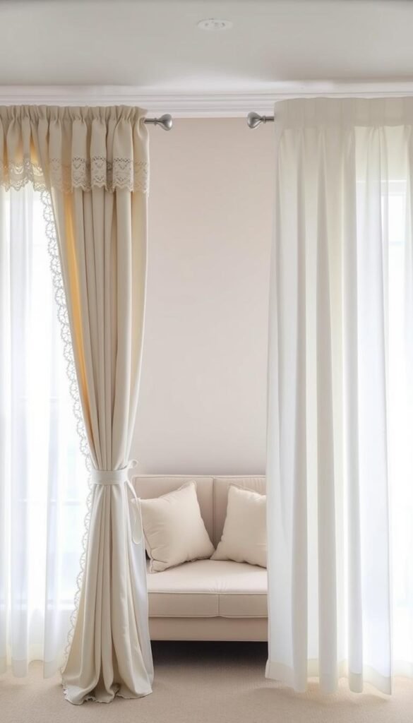 A well-lit, spacious bedroom with two sets of white curtains in the foreground. On the left, custom-made curtains with intricate pleats and a delicate lace trim, flowing elegantly against the window. On the right, a set of ready-made curtains with a simple, clean design, neatly hung and framing the view. The middle ground showcases a cozy seating area, inviting the viewer to imagine the different aesthetic and practical considerations between the two curtain options. The background features a neutral-toned wall, allowing the curtains to be the focal point. The lighting is soft and diffused, creating a serene and inviting atmosphere.