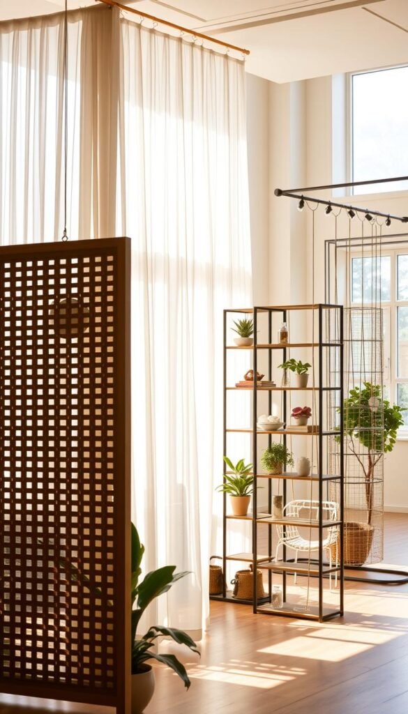 A well-lit, spacious room with a variety of creative room divider solutions. In the foreground, a modern wooden screen with intricate lattice patterns casts interesting shadows. Hanging from the ceiling, delicate sheer curtains softly partition the space. In the middle ground, a modular bookshelf system doubles as a divider, filled with decorative objects and plants. The background features a minimalist metal frame with hanging ropes, creating a flexible zoning solution. Warm, natural lighting filters through large windows, infusing the scene with a calming, inviting atmosphere.