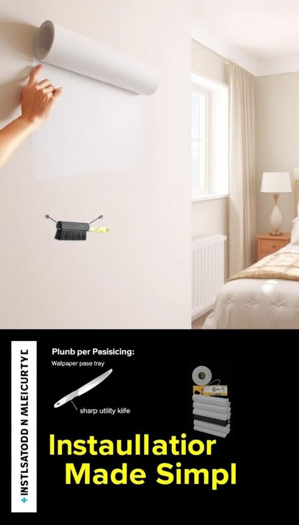A well-lit, step-by-step illustration of a professional wallpaper installation process. In the foreground, a person's hands carefully aligning and smoothing wallpaper onto a wall, utilizing specialized tools like a wallpaper brush and a seam roller. The middle ground showcases the various materials required - a plumb line, a wallpaper paste tray, a sharp utility knife, and neatly stacked rolls of high-quality wallpaper. The background depicts a tranquil, neutral-toned bedroom setting, with natural light streaming in through a window, highlighting the precision and care taken during the installation. The overall atmosphere conveys a sense of order, simplicity, and attention to detail, reflecting the "Installation Process Made Simple" theme.