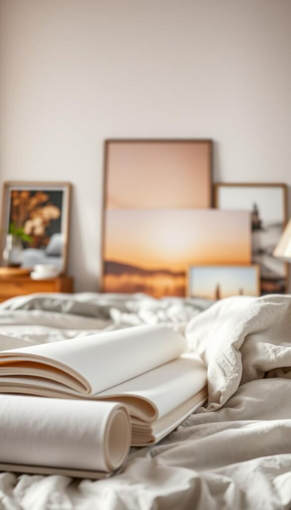 A well-lit, studio-quality photograph showcasing an array of bedroom posters with various print qualities and paper types. In the foreground, a selection of matte, glossy, and textured poster materials in different sizes, highlighting their unique tactile and visual properties. The middle ground features the posters themselves, depicting serene, nature-inspired scenes with a warm, dreamy color palette. The background softly blurs, emphasizing the focal points and creating a sense of depth. Gentle, diffused lighting from multiple angles accentuates the textures and subtle sheen of the papers, inviting the viewer to imagine the aesthetic impact of each option within a cozy bedroom setting.