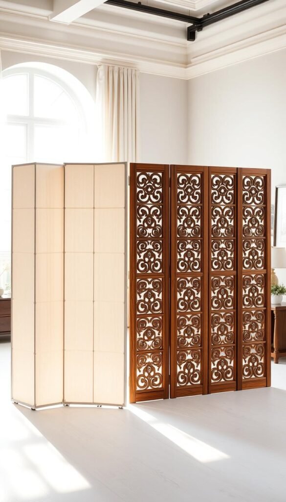 A well-lit studio scene showcasing two contrasting room dividers. In the foreground, a lightweight, modular temporary partition with clean lines and a minimalist design. In the middle ground, a sturdy, permanent wooden divider with intricate carved patterns, creating a sense of timeless elegance. The background features a tastefully decorated bedroom with soft, natural lighting filtering through a large window, evoking a serene and inviting atmosphere. The composition highlights the key differences between the temporary and permanent solutions, guiding the viewer's attention to the practical and aesthetic considerations for each option.