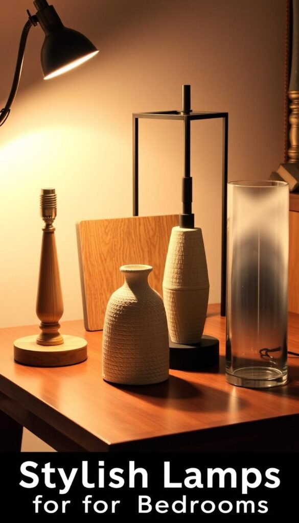 A well-lit table showcasing an array of lamp foundation materials, including a sturdy wooden base, a sleek metal frame, a textured ceramic pedestal, and a smooth glass column. The materials are arranged in an artful composition, allowing the viewer to appreciate their unique textures, colors, and potential for creating visually striking lamp designs. The scene is bathed in warm, diffused lighting, creating a cozy and inviting atmosphere that complements the "Stylish Lamps for Cozy Bedrooms" theme.