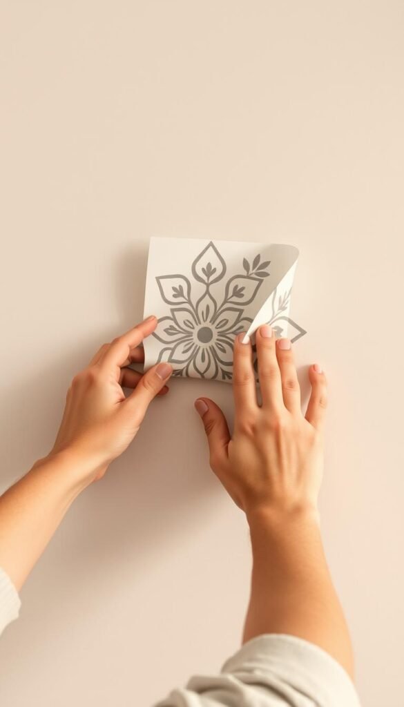 A well-lit, up-close view of a person's hands carefully peeling the protective layer off a decorative wall decal. The decal's intricate, minimalist floral pattern is clearly visible. The hands then gently press the sticky adhesive backing onto a smooth, neutral-toned wall, smoothing it out with gentle movements to ensure a seamless application. The composition highlights the simplicity and ease of the peel-and-stick installation process, conveying a sense of effortless home beautification. Soft, diffused lighting casts a warm, inviting glow, creating a serene, domestic atmosphere.