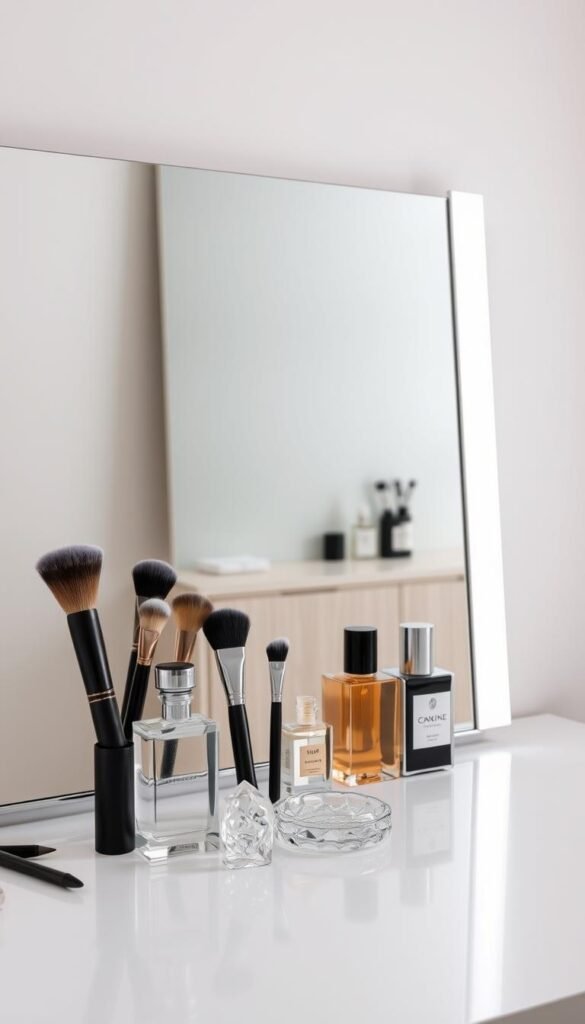 A well-lit vanity setup with a sleek, mirrored surface reflecting the elegant arrangement of essential beauty tools. Soft, diffused lighting bathes the scene, creating a serene, spa-like ambiance. In the foreground, an assortment of high-quality makeup brushes, perfume bottles, and a delicate glass trinket dish stand poised and ready for use. The middle ground features a minimalist, modern vanity with clean lines and a subtle wood grain texture. Behind it, a neutral-toned wall acts as a calming backdrop, allowing the vanity's refined details to take center stage. The overall composition exudes a sense of refined sophistication, inviting the viewer to imagine themselves indulging in a luxurious self-care routine. A well-lit vanity setup with a sleek, mirrored surface reflecting the elegant arrangement of essential beauty tools. Soft, diffused lighting bathes the scene, creating a serene, spa-like ambiance. In the foreground, an assortment of high-quality makeup brushes, perfume bottles, and a delicate glass trinket dish stand poised and ready for use. The middle ground features a minimalist, modern vanity with clean lines and a subtle wood grain texture. Behind it, a neutral-toned wall acts as a calming backdrop, allowing the vanity's refined details to take center stage. The overall composition exudes a sense of refined sophistication, inviting the viewer to imagine themselves indulging in a luxurious self-care routine.