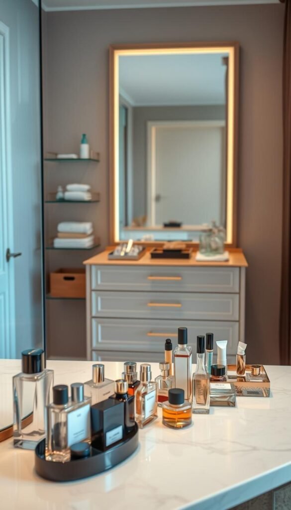 A well-organized vanity top with a variety of storage solutions, bathed in soft, warm lighting. The foreground features a selection of perfumes, makeup, and other vanity essentials neatly arranged on a marble or quartz surface. In the middle ground, elegant glass or wooden drawers and shelves provide ample storage space, while the background showcases a tasteful, minimalist mirror framed in a neutral-toned material. The overall atmosphere is one of tranquility and efficiency, creating a clutter-free and visually appealing vanity area. A well-organized vanity top with a variety of storage solutions, bathed in soft, warm lighting. The foreground features a selection of perfumes, makeup, and other vanity essentials neatly arranged on a marble or quartz surface. In the middle ground, elegant glass or wooden drawers and shelves provide ample storage space, while the background showcases a tasteful, minimalist mirror framed in a neutral-toned material. The overall atmosphere is one of tranquility and efficiency, creating a clutter-free and visually appealing vanity area.