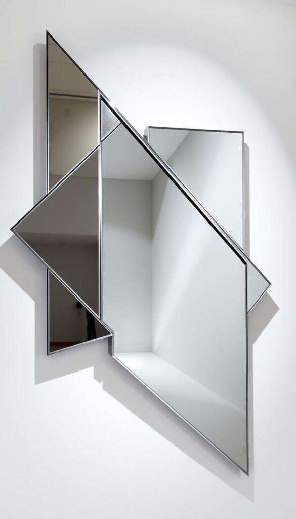 An abstract, modern mirror sculpture that commands attention as a striking artistic statement piece. The mirror is composed of sleek, geometric panels arranged in an asymmetric, dynamic composition, reflecting light and space in a mesmerizing way. The mirror surface is framed by a minimalist, metallic structure, casting dramatic shadows and highlights that add depth and visual interest. The overall effect is one of bold, sculptural elegance, elevating the mirror beyond its functional purpose and transforming it into a captivating work of art. Soft, directional lighting from above accentuates the mirror's reflective qualities and the play of light and shadow, creating an arresting, gallery-worthy display. An abstract, modern mirror sculpture that commands attention as a striking artistic statement piece. The mirror is composed of sleek, geometric panels arranged in an asymmetric, dynamic composition, reflecting light and space in a mesmerizing way. The mirror surface is framed by a minimalist, metallic structure, casting dramatic shadows and highlights that add depth and visual interest. The overall effect is one of bold, sculptural elegance, elevating the mirror beyond its functional purpose and transforming it into a captivating work of art. Soft, directional lighting from above accentuates the mirror's reflective qualities and the play of light and shadow, creating an arresting, gallery-worthy display.