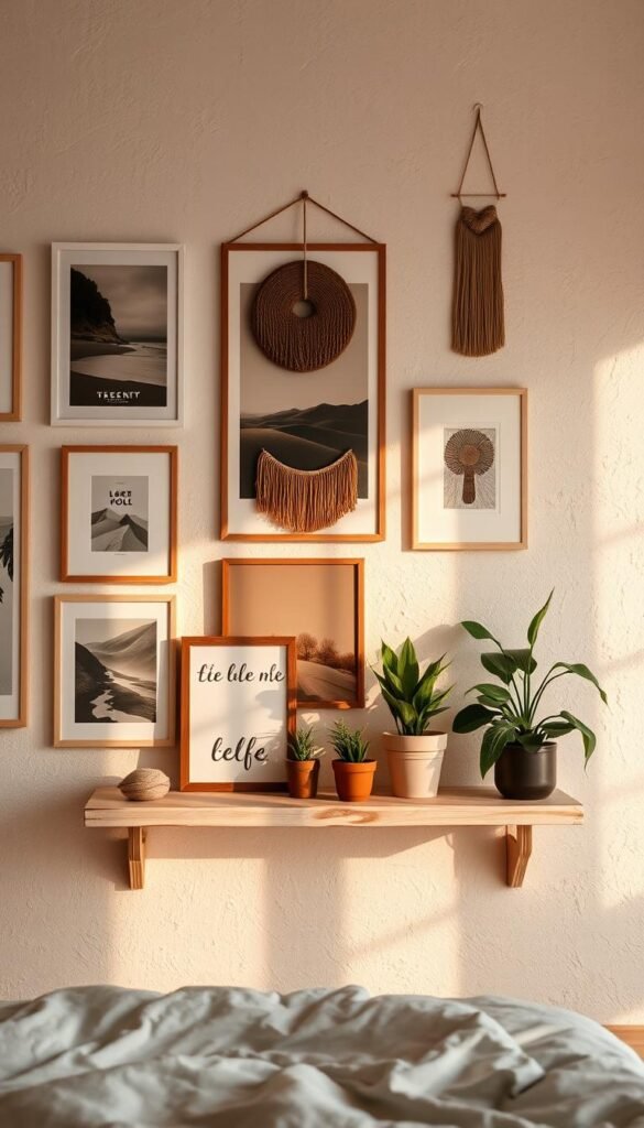 An aesthetic wall art sanctuary, bathed in soft, warm lighting that casts a cozy glow. In the foreground, a collection of framed posters and minimalist wall hangings, artfully arranged to create a harmonious, visually-pleasing display. The middle ground features a distressed wooden shelf, hosting decorative accents and potted greenery, complementing the natural, earthy tones. The background showcases a textured, neutral-colored wall, providing a serene, calming backdrop that allows the artwork to take center stage. The overall atmosphere is one of tranquility and sophistication, perfectly suited to elevate and complement the bedroom's decor. An aesthetic wall art sanctuary, bathed in soft, warm lighting that casts a cozy glow. In the foreground, a collection of framed posters and minimalist wall hangings, artfully arranged to create a harmonious, visually-pleasing display. The middle ground features a distressed wooden shelf, hosting decorative accents and potted greenery, complementing the natural, earthy tones. The background showcases a textured, neutral-colored wall, providing a serene, calming backdrop that allows the artwork to take center stage. The overall atmosphere is one of tranquility and sophistication, perfectly suited to elevate and complement the bedroom's decor.