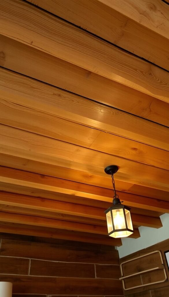 An antique rustic wooden ceiling with exposed beams and warm lighting, casting a cozy ambiance in a bedroom setting. The beams are textured with a weathered, distressed finish, creating a charming, vintage aesthetic. Soft lighting from a pendant fixture illuminates the space, highlighting the intricate woodgrain patterns and casting gentle shadows. The overall atmosphere evokes a sense of timeless elegance and a retreat-like serenity, perfect for a relaxing bedroom environment.