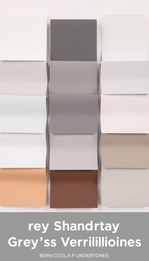 An array of grey swatches in a neatly organized grid, showcasing a range of warm, cool, and neutral undertones. The samples are displayed against a clean, minimalist background with soft, diffused lighting, highlighting the subtle nuances between each shade. The composition emphasizes the visual comparison, inviting the viewer to examine and appreciate the versatility of grey as a color. The overall mood is one of sophistication and clarity, perfectly suited to illustrate the section on "Understanding Grey's Versatility: Warm, Cool, and Undertones" within the "Grey Bedroom Ideas for Modern Homes" article.