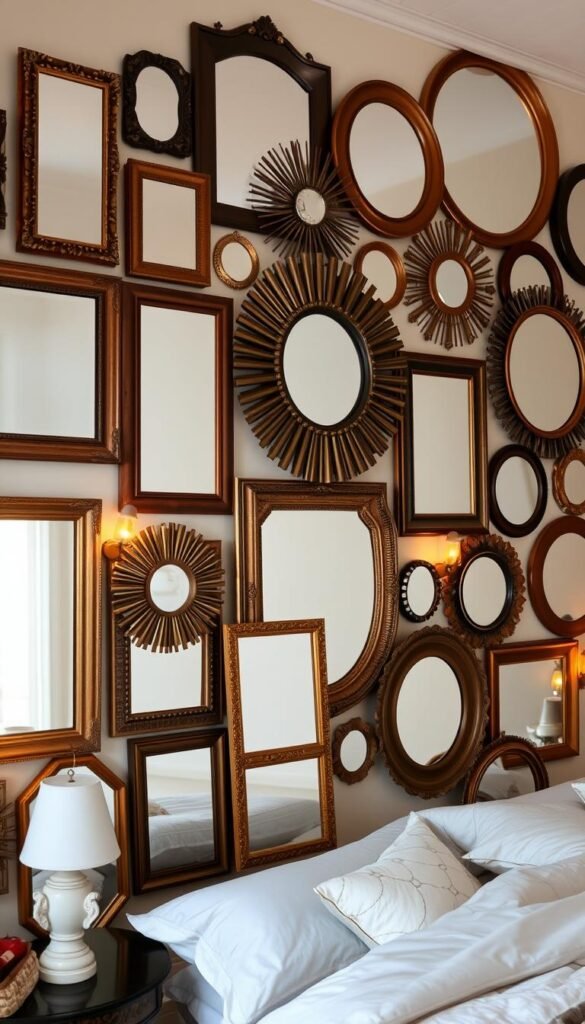 An eclectic mirror gallery wall featuring a diverse array of mirror frames in various shapes, sizes, and styles - rectangular, round, oval, sunburst, ornate, rustic, and minimalist. The mirrors are arranged in a visually captivating, asymmetrical layout, creating a harmonious yet dynamic composition. Warm, golden lighting from hidden sconces casts a soft, inviting glow, highlighting the nuanced textures and finishes of the mirrors. The overall atmosphere evokes a cozy, sophisticated ambiance, perfect for transforming a bedroom into a harmonious, reflective sanctuary.