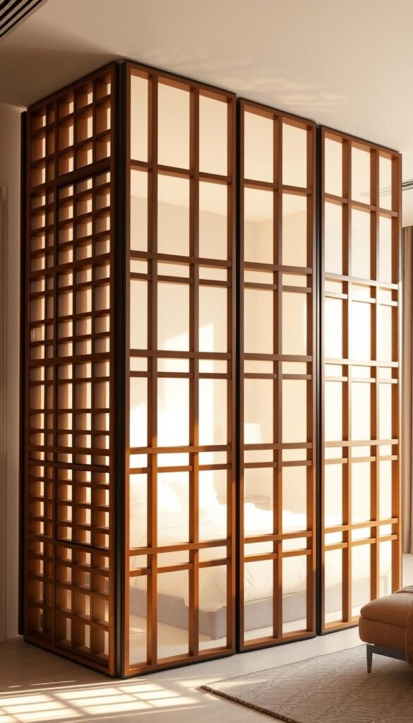 An elegant architectural room divider with sleek, geometric lines and a minimalist aesthetic. Warm, natural lighting filters through the divider's intricate, lattice-like structure, creating a soft, inviting ambiance. The divider's modern design features a combination of wood, metal, and glass panels, seamlessly blending functionality and aesthetic appeal. The room is spacious and airy, with a muted color palette that complements the divider's warm tones. Attention to detail is evident in the craftsmanship, making this divider a stunning and practical solution for defining spaces within a bedroom.